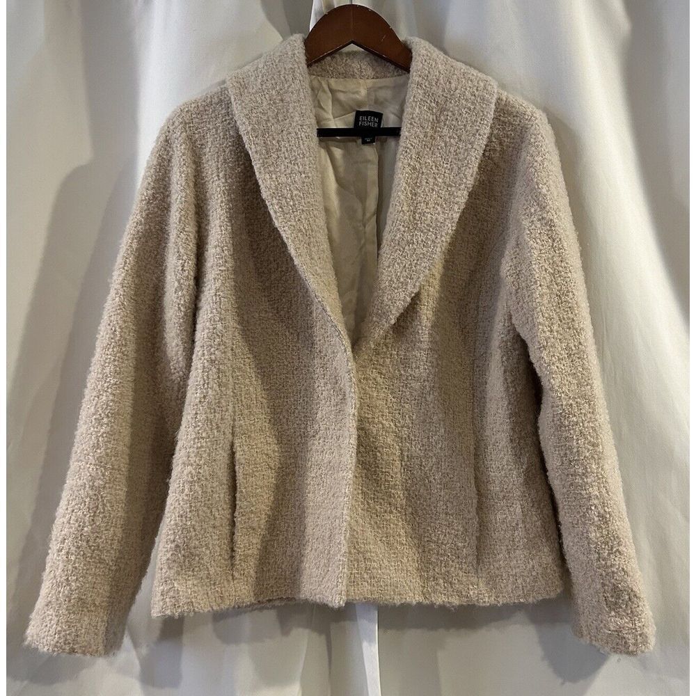 Eileen Fisher Teddy Jacket Fuzzy Blazer Medium‎ Wool Blend Hook Closure-pockets